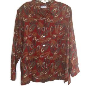 Vintage 80's K.C. Studio Maroon Feather Print Blouse